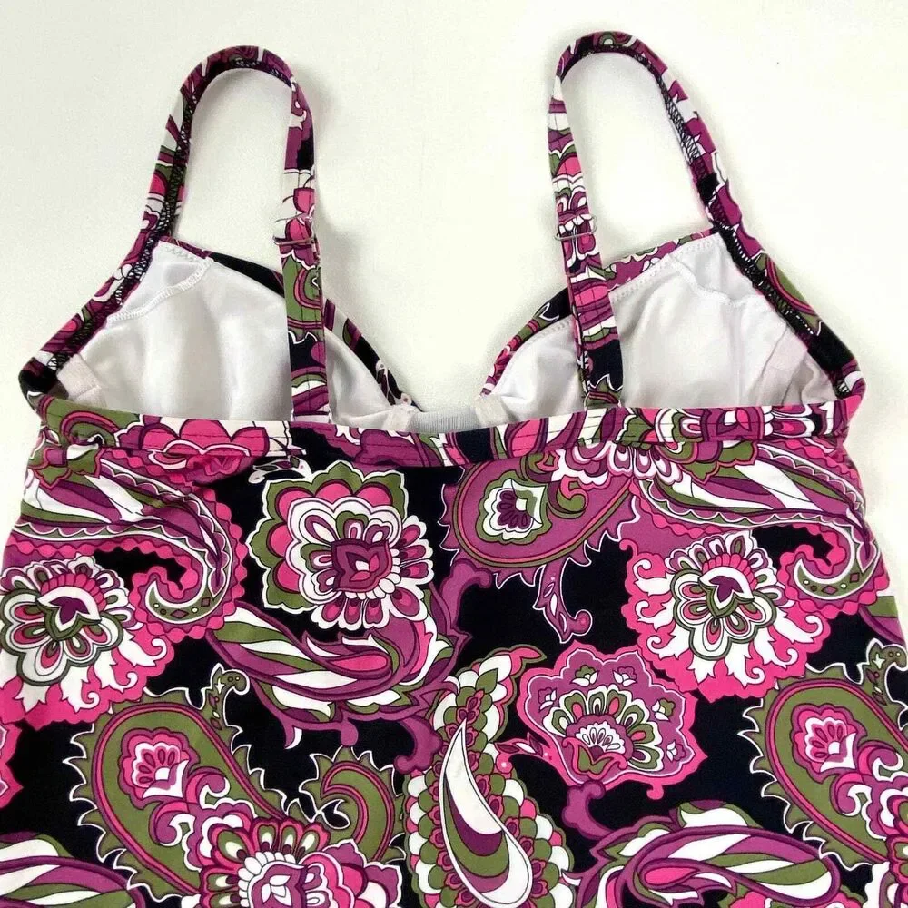 Land's End Tankini Swim Suit Top Ruched Underwire Bodice Paisley Sz 2 Top Only